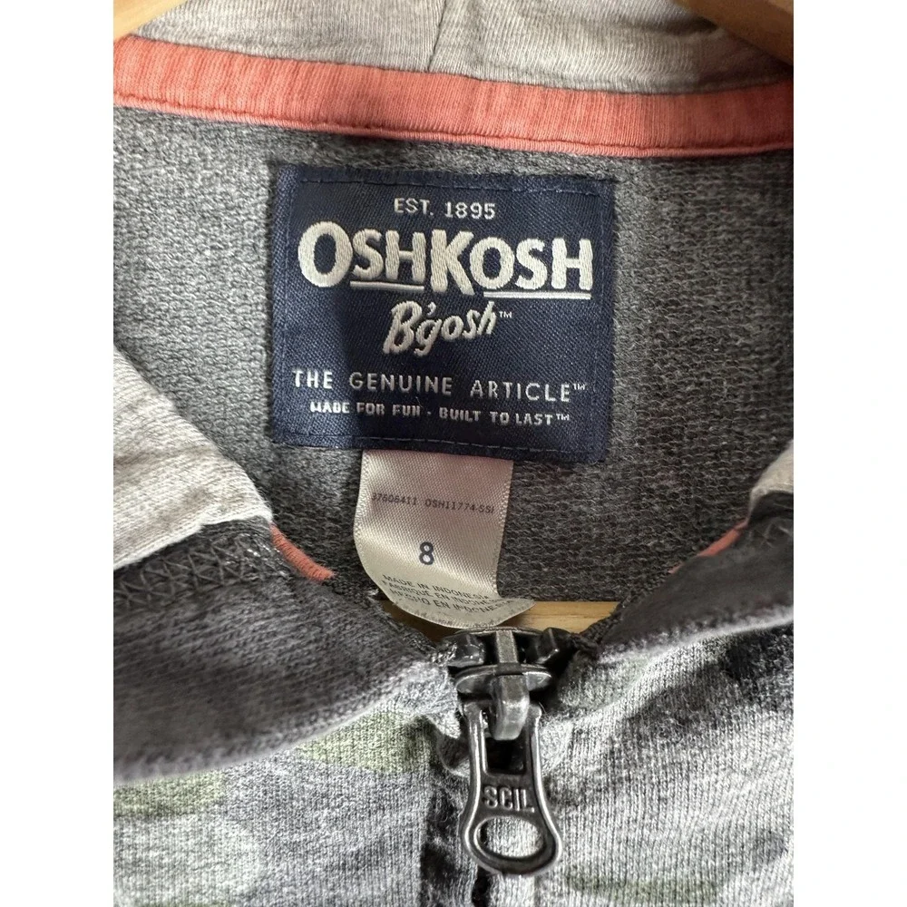 OshKosh‎ B'gosh Hoodie Boys 8 Gray Green Camo Full Zip Raglan Kangaroo Pocket